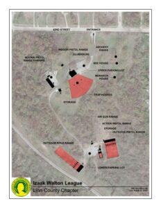 Aerial map of the Izaak Walton League Linn County Chapter facility showing all ranges